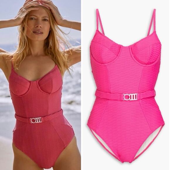 Solid & Striped The Spencer Belted One Piece Swimsuit In Hot Pink - Picture 1 of 7